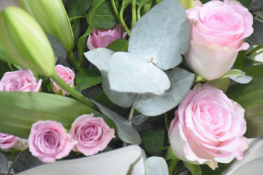 Lily Pink, Spray Rose and Delphinium Bouquet